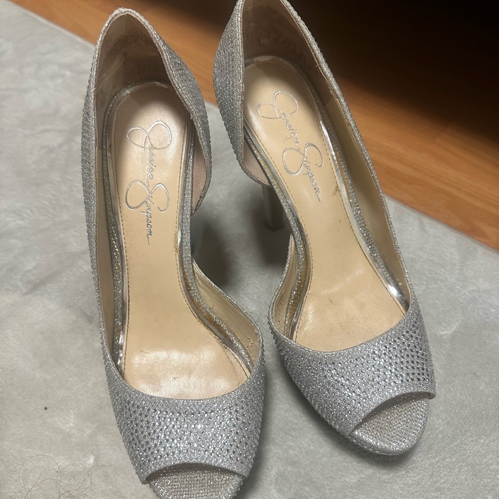 Jessica Simpson Silver Heels with Peep-Toe Design and Embellished Vamp
